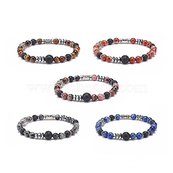 Natural Lava Rock & Mixed Gemstone Stretch Bracelet with Alloy Column Beaded, Essential Oil Gemstone Jewelry for Women, Inner Diameter: 2-1/8 inch(5.5cm)(BJEW-JB08731)