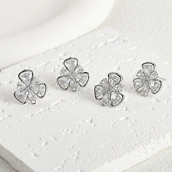 Brass Micro Pave Cubic Zirconia Stud Earring Findings, Long-Lasting Plated, Clover, Platinum, 16.5x16.5mm, Hole: 1.2mm(KK-Z094-09P)