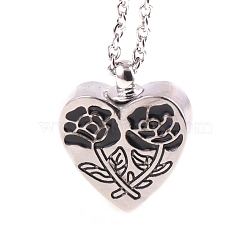 Alloy Heart with Rose Urn Ashes Pendant Necklace, Stainless Steel Memorial Jewelry for Women, Platinum, 17.72 inch(45cm)(BOTT-PW0005-31)