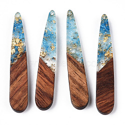 Transparent Resin & Walnut Wood Pendants, with Gold Foil, Teardrop Charms, Waxed, Cornflower Blue, 44x7.5x3.5mm, Hole: 1.5mm(X-RESI-N039-69H)