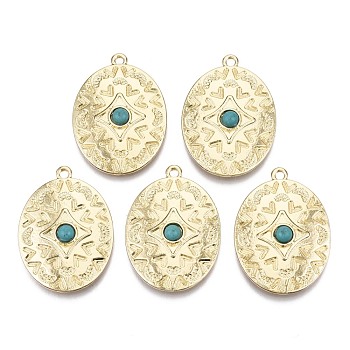 Tibetan Style Alloy Pendants, with Synthetic Turquoise, Oval, Cadmium Free & Nickel Free & Lead Free, Real 16K Gold Plated, 31.5x23x4.5mm, Hole: 1.8mm