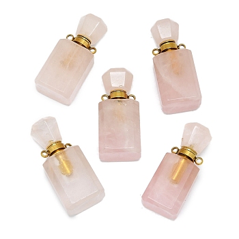 Natural Rose Quartz Perfume Bottle Pendants, with Golden Tone Stainless Steel Findings, Essentail Oil Diffuser Charm, for Jewelry Making, 33~48.5x14~23x11~15mm, Hole: 1.8~2mm