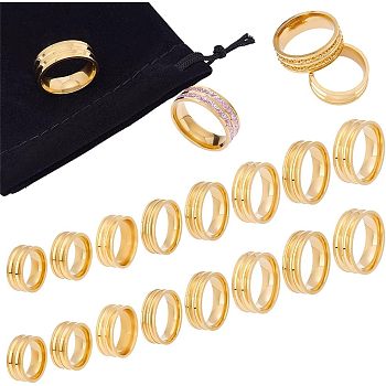 16Pcs 8 Size 201 Stainless Steel Double Groove Band Ring for Men Women, Golden, US Size 5 1/4(15.9mm)~US Size 14(23mm), 2Pc/size