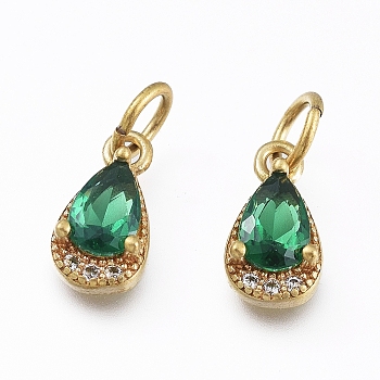 Unplated Brass Cubic Zirconia Charms, with Jump Rings, Teardrop, Nickel Free, Green, 10.5x5.5x3.5mm, Hole: 3mm