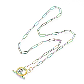 Unisex Vacuum Plating 304 Stainless Steel Paperclip Chain Necklaces, with Toggle Clasps, Rainbow Color, 17.71 inch(45cm)