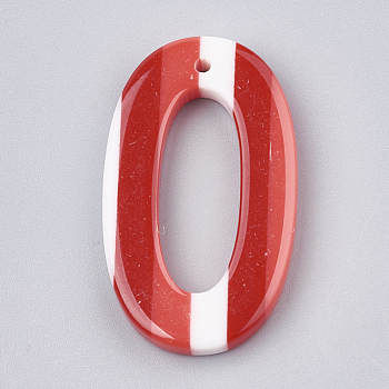 Resin Pendants, Oval with Stripe Pattern, Red, 33x19.5x4mm, Hole: 1mm
