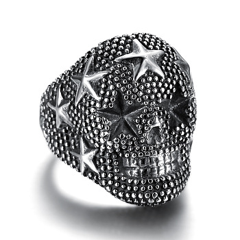 Skull with Star Chunky Wide Band Ring, Gunmetal 316 Stainless Steel Halloween Jewelry for Men Women, Stainless Steel Color, US Size 15(23.8mm)