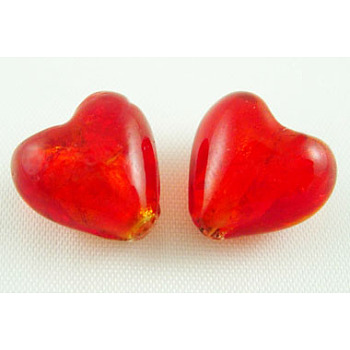 Handmade Silver Foil Glass Beads, Heart, Red, about 15mm wide, 15mm long, hole: 1~2mm