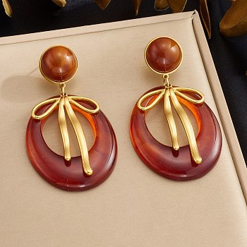 304 Stainless Steel & Resin Stud Dangle Earrings for Women, Oval, Golden, Bowknot, 65x36mm