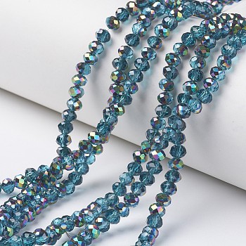 Electroplate Transparent Glass Beads Strands, Half Multi-color Plated, Faceted, Rondelle, Deep Sky Blue, 6x5mm, Hole: 1mm, about 85~88pcs/strand, 16.1~16.5 inch(41~42cm)
