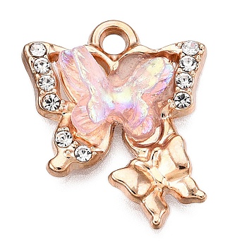 Alloy Rhinestone Pendants, with Resin Butterfly, Light Gold, 20.5x16.5x5mm, Hole: 2mm