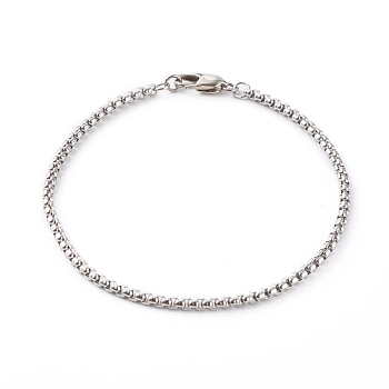 304 Stainless Steel Box Chain Bracelets,with Brass Lobster Claw Clasps, Stainless Steel Color, 7-7/8 inch(20cm)