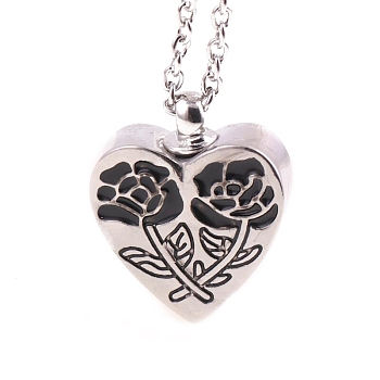 Alloy Heart with Rose Urn Ashes Pendant Necklace, Stainless Steel Memorial Jewelry for Women, Platinum, 17.72 inch(45cm)