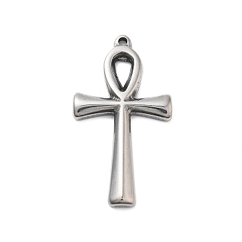 304 Stainless Steel Pendants, Ankh Cross Charm, Antique Silver, 30x16x2.5mm, Hole: 1.4mm