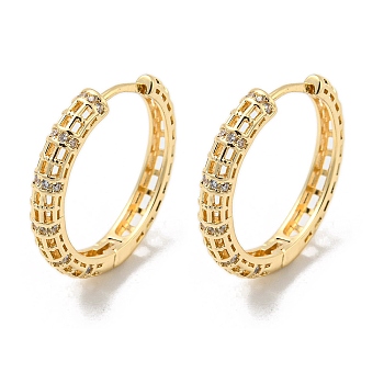 Brass Micro Pave Clear Cubic Zirconia Hoop Earrings, Hollow, Light Gold, 26x4.5mm