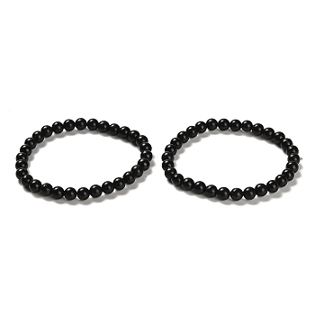 Natural Shungite Round Beaded Stretch Bracelets, Inner Diameter: 2-3/8 inch(6cm)