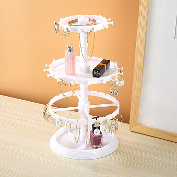 3-Tier Rotatable Round Acrylic Jewelry Display Tower with Tray, Desktop Jewelry Organizer Holder for Earring Rings Bracelets Storage, White, 16x16x30cm