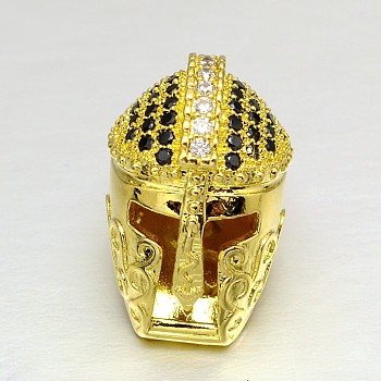 Brass Micro Pave Cubic Zirconia Gladiator Helmet Beads, Lead Free and Cadmium Free, Golden, 17x11mm, Hole: 1.5mm