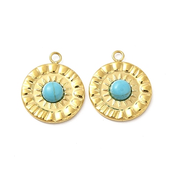 Natural Turquoise Pendants, Flat Round Charms, with Vacuum Plating Real 18K Gold Plated 201 Stainless Steel Findings, 18x15x3.5mm, Hole: 1.8mm