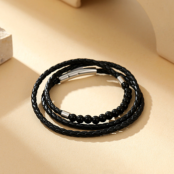 Round Natural Black Onyx(Dyed & Heated) Braided PU Leather Cord Wrap Bracelets for Women Men