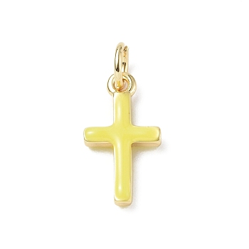 Real 18K Gold Plated Eco-Friendly Rack Plating Brass Enamel Pendants, Long-Lasting Plated, with Jump Rings, Lead Free & Cadmium Free, Cross Charm, Yellow, 15x8x3mm, Hole: 3.4mm