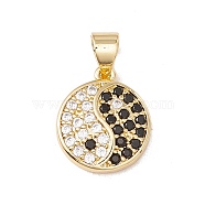 Brass Micro Pave Cubic Zirconia Charms Real 18K Gold Plated, Cadmium Free & Lead Free, Yinyang, Black, 14x12x3mm, Hole: 3x4mm(KK-G415-39G-01)