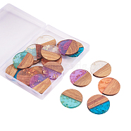 Transparent Resin & Walnut Wood Pendants, with Paillette/Sequin, Flat Round, Mixed Color, 28x3mm, Hole: 2mm, 4pcs/color, 5 colors, 20pcs/box(RESI-CJ0001-84)