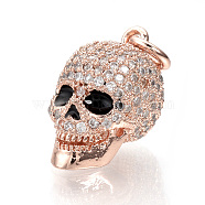 Brass Micro Pave Cubic Zirconia Pendants, with Jump Rings, Skull, Rose Gold, 18x10x12mm, Hole: 3mm(ZIRC-Q013-39RG)