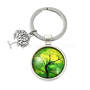 Alloy Glass Keychains, with 304 Stainless Steel Keychain Clasps, Flat Round, Green Yellow, 6.2cm(KEYC-YW00008-06)