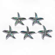 Shell Brooches/Pendants, with Resin Bottom and Alloy Findings, Starfish/Sea Stars, Platinum, Colorful, 50x55x12mm, hole: 4x6mm, Pin: 0.7mm(RESI-S376-13A)