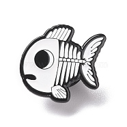 Fish Skeleton Enamel Pin, Halloween Alloy Badge for Backpack Clothes, Electrophoresis Black, White, 17x17.5x1.5mm, Pin: 1.3mm(JEWB-H006-37EB)