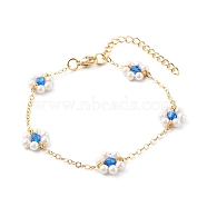 Shell Pearl & Acrylic Beads Flower Link Bracelets, with Brass Cable Chains, Golden, Blue, 2mm, 7-1/4 inch(18.4cm)(X1-BJEW-TA00003-03)