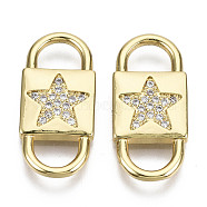 Brass Micro Pave Clear Cubic Zirconia Links Connectors, Nickel Free, Lock with Star, Real 16K Gold Plated, 22x10x2mm, Hole: 6x4mm(ZIRC-N039-106-NF)