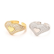 Brass Micro Pave Cubic Zirconia Cuff Ring, Long-Lasting Plated, Heart, Mixed Color, US Size 6 1/2(16.9mm)(RJEW-F118-16)