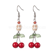 Glass Beads Earrings, with Turquoise, 316 Surgical Stainless Steel Cherry Earring Hooks, Jewely for Women, Skull, 60x17mm(EJEW-TA00459)