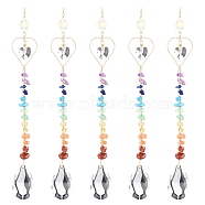 Glass Teardrop Chandelier Pendant Decorations, Hanging Suncatchers, Chakra Gemstone Chips and Brass Heart Link for Home Office Garden Decoration, Golden, 268mm(HJEW-JM00857)