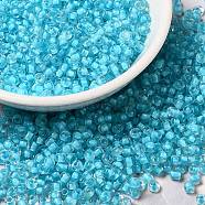6/0 Transparent Glass Seed Beads, Inside Colours, Round Hole, Round, Cyan, 3.5~4x3mm, Hole: 2mm, about 450g/bag(SEED-F003-03A-10)
