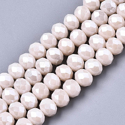 Electroplate Glass Beads Strands, Pearl Luster Plated, Faceted, Rondelle, Misty Rose, 8x6mm, Hole: 1~1.4mm, about 67~72pcs/strand, 16.14~16.53 inch(41~42cm)(X-EGLA-A034-P8mm-A19)