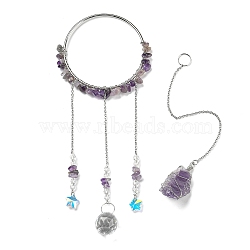 Rough Raw Natural Amethyst Pendant Hanging Ornaments, Teardrop & Star Glass Suncatcher with Iron Chain, for Window Home Garden Decoration, 400mm(G-PW0007-084H)