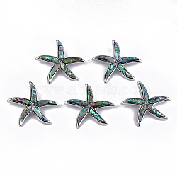 Shell Brooches/Pendants, with Resin Bottom and Alloy Findings, Starfish/Sea Stars, Platinum, Colorful, 50x55x12mm, hole: 4x6mm, Pin: 0.7mm(RESI-S376-13A)