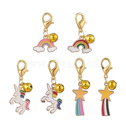 Alloy Enamel Pendant Decorations, with Lobster Claw Clasps, for Keychain, Purse, Backpack Ornament, Unicorn/Star/Rainbow, Mixed Color, 31~44mm, 6pcs/set(HJEW-JM00993)