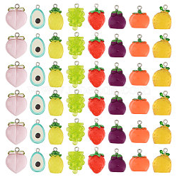 48Pcs 8 Styles Translucent Resin Pendants, Fruit Charms with Platinum Tone Iron Loops, Mixed Color, 19~23.5x13~17.5x11~17mm, Hole: 2mm, 6pcs/style(RESI-GL0001-08)