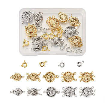 Brass Clasp Sets, Including 10 Sets Flat Round with Flower Box Clasps and 18Pcs Spring Clasps, Platinum & Golden