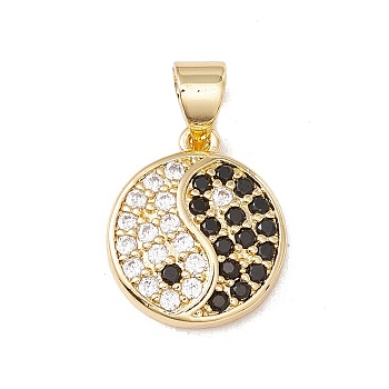 Brass Micro Pave Cubic Zirconia Charms Real 18K Gold Plated, Cadmium Free & Lead Free, Yinyang, Black, 14x12x3mm, Hole: 3x4mm
