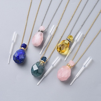 Natural Gemstone Perfume Bottle Pendant Necklaces, with Stainless Steel Cable Chain and Plastic Dropper, Bottle, Mixed Color, 20.3 inch(51.7cm), Bottle Capacity: 0.15~0.3ml(0.005~0.01 fl. oz)