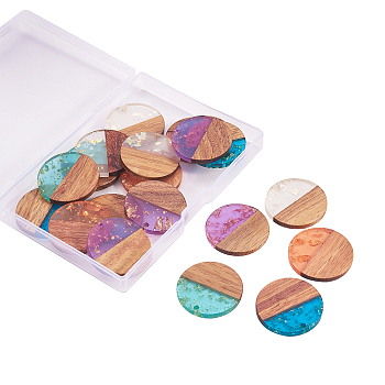 Transparent Resin & Walnut Wood Pendants, with Paillette/Sequin, Flat Round, Mixed Color, 28x3mm, Hole: 2mm, 4pcs/color, 5 colors, 20pcs/box