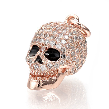 Brass Micro Pave Cubic Zirconia Pendants, with Jump Rings, Skull, Rose Gold, 18x10x12mm, Hole: 3mm
