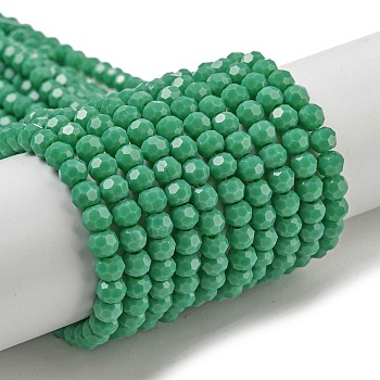 Opaque Glass Beads Stands, Faceted(32 Facets), Round, Green, 4mm, Hole: 0.7mm, about 94~93pcs/strand, 14.17''~14.37''(36~36.5cm)