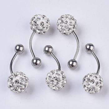 Stainless Steel Body Jewelry, Belly Rings, with Polymer Clay Rhinestones, Round Ball Curved Barbell Navel Rings, Crystal, 25~29.5x10mm, Bar Length: 1/2"(12mm), Pin: 17 Gauge(1.2mm), PP11(1.7~1.8mm)
