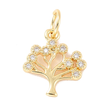 Brass Micro Pave Clear Cubic Zirconia Pendant, with Jump Ring, Long-Lasting Plated, Cadmium Free & Lead Free, Tree, Real 18K Gold Plated, 13x11x2mm, Jump Ring: 5x0.9mm, 3mm Inner Diameter